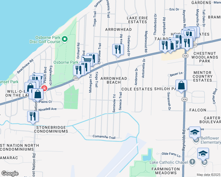 map of restaurants, bars, coffee shops, grocery stores, and more near 6413 Iroquois Trail in Mentor