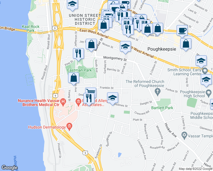 map of restaurants, bars, coffee shops, grocery stores, and more near 39 Garfield Place in Poughkeepsie