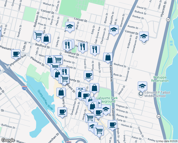 map of restaurants, bars, coffee shops, grocery stores, and more near 65 Haffards Street in Fall River