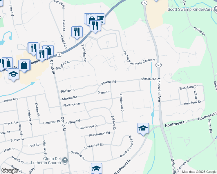 map of restaurants, bars, coffee shops, grocery stores, and more near 41 Maxine Road in Plainville