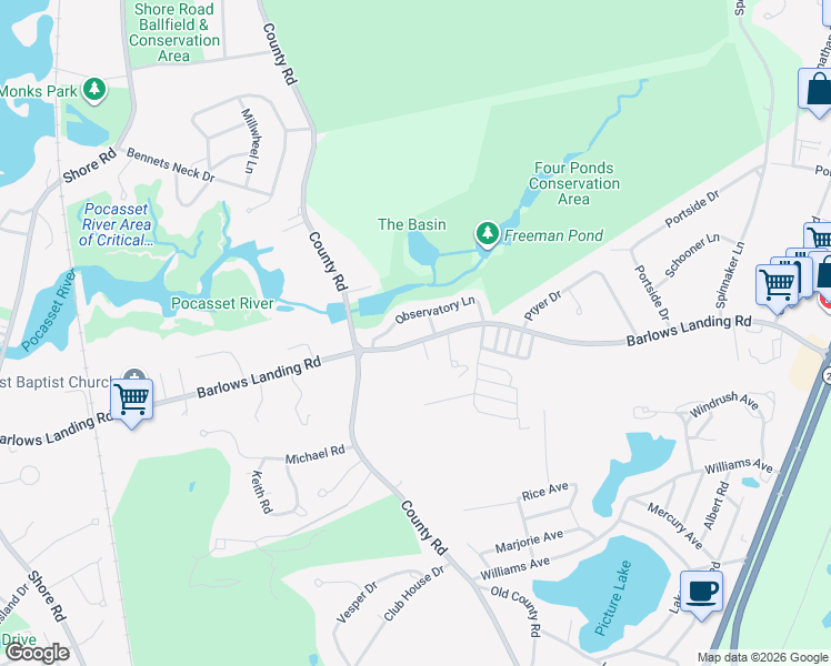 map of restaurants, bars, coffee shops, grocery stores, and more near 21 Observatory Lane in Bourne
