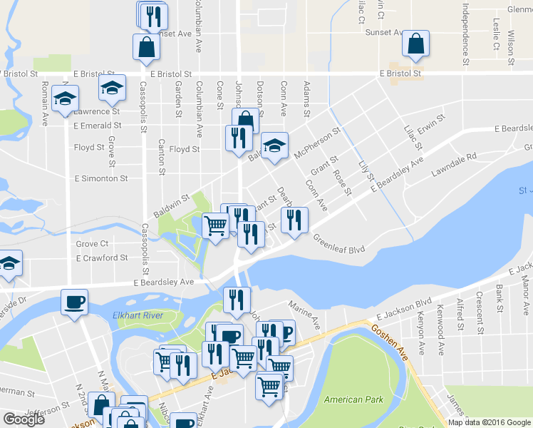 map of restaurants, bars, coffee shops, grocery stores, and more near 1020 Howard Street in Elkhart