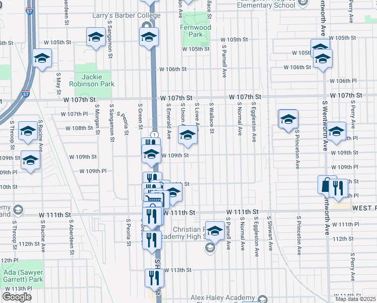 map of restaurants, bars, coffee shops, grocery stores, and more near 10845 South Union Avenue in Chicago