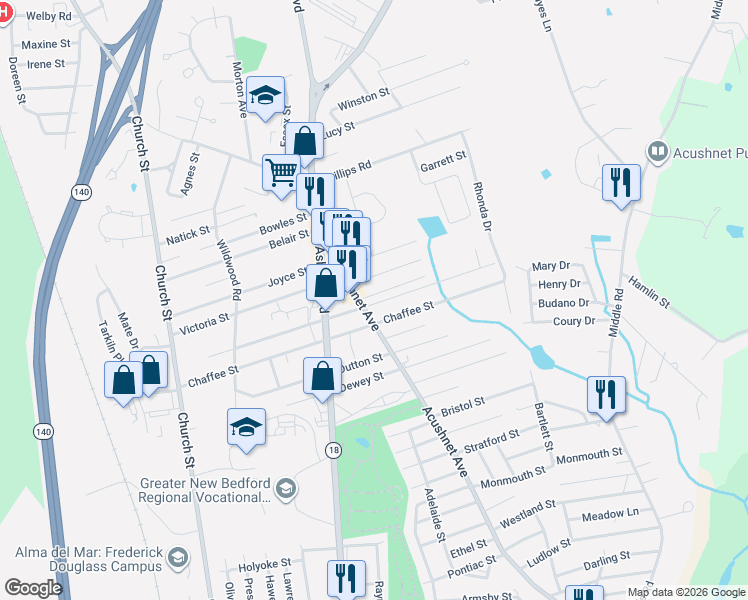map of restaurants, bars, coffee shops, grocery stores, and more near 2834 Acushnet Avenue in New Bedford