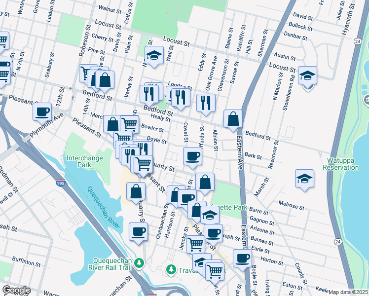 map of restaurants, bars, coffee shops, grocery stores, and more near 87 Covel Street in Fall River