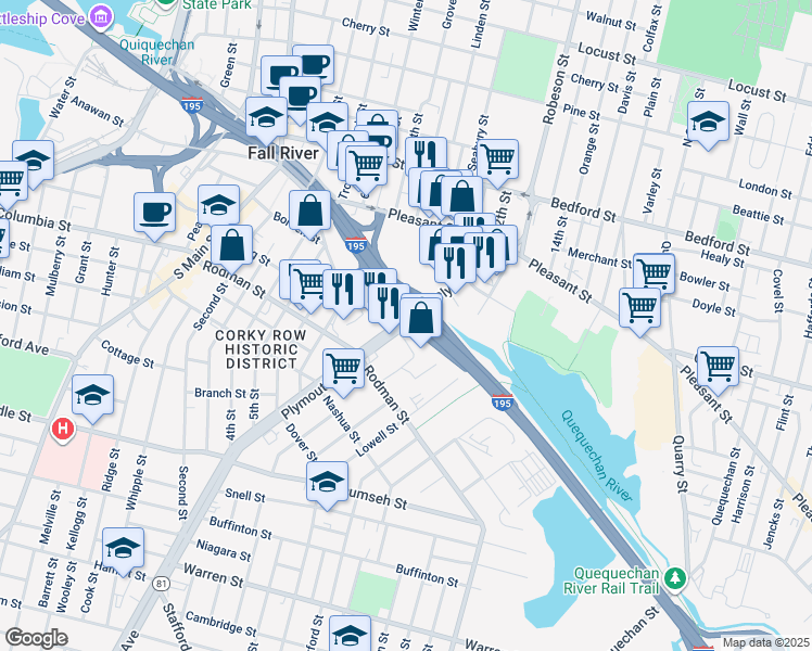 map of restaurants, bars, coffee shops, grocery stores, and more near 160 Hartwell Street in Fall River