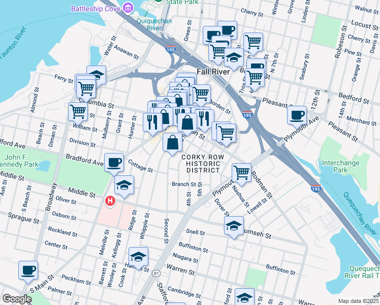 map of restaurants, bars, coffee shops, grocery stores, and more near 378 Third Street in Fall River