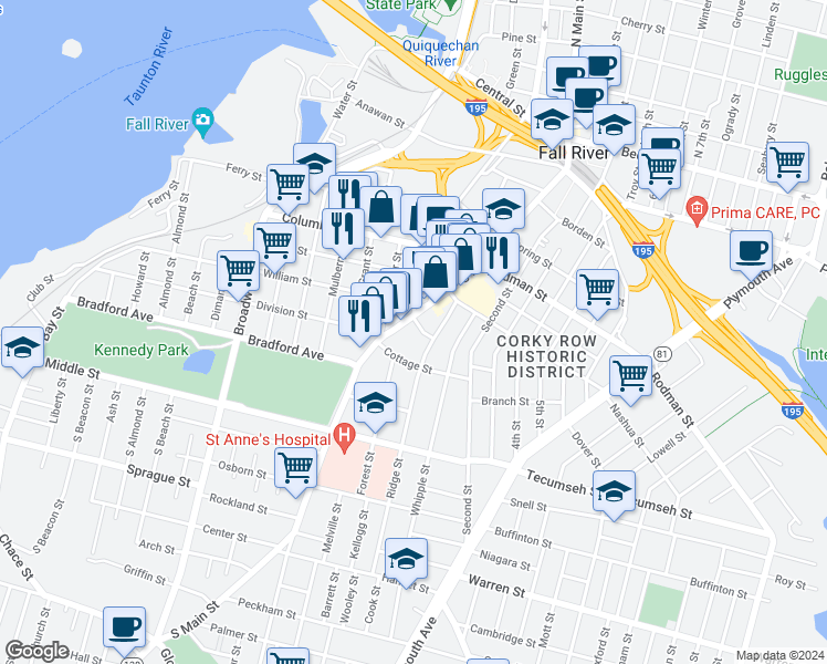 map of restaurants, bars, coffee shops, grocery stores, and more near 337 Washington Street in Fall River