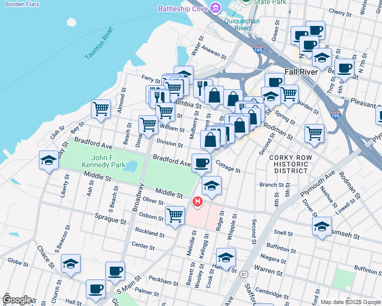 map of restaurants, bars, coffee shops, grocery stores, and more near 306 Mulberry Street in Fall River