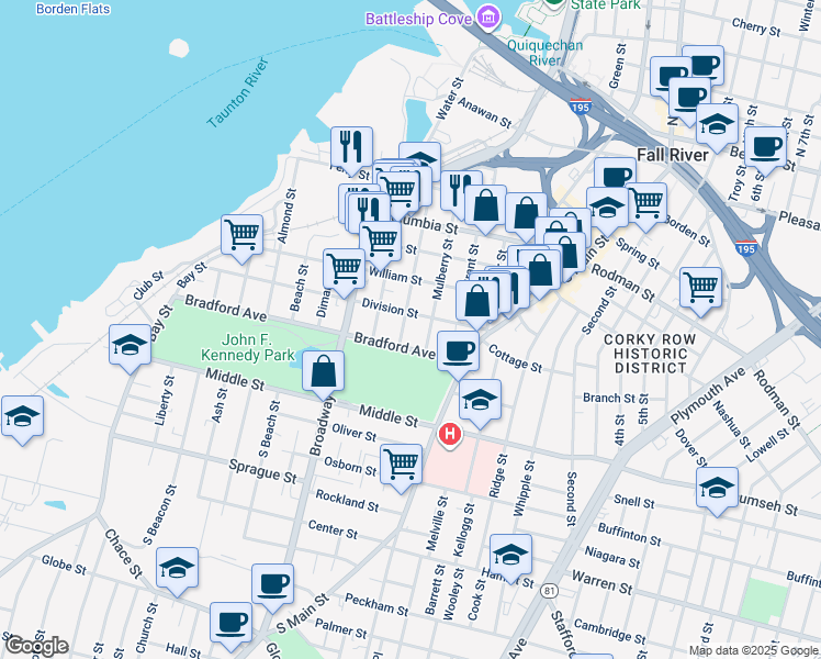 map of restaurants, bars, coffee shops, grocery stores, and more near 424 Division Street in Fall River