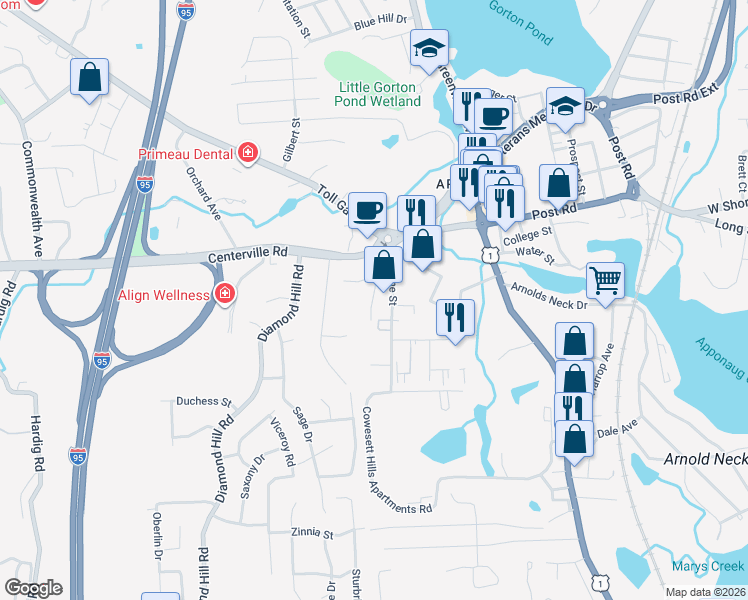 map of restaurants, bars, coffee shops, grocery stores, and more near 45 Gilbane Street in Warwick