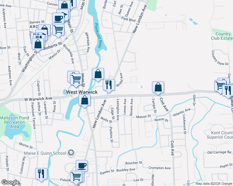 map of restaurants, bars, coffee shops, grocery stores, and more near 26 Emery Court in Warwick