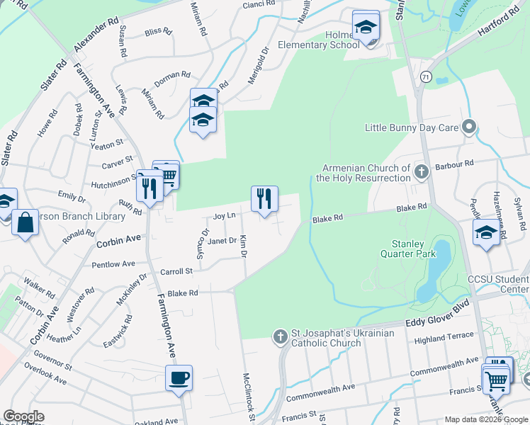 map of restaurants, bars, coffee shops, grocery stores, and more near 184 Joy Lane in New Britain