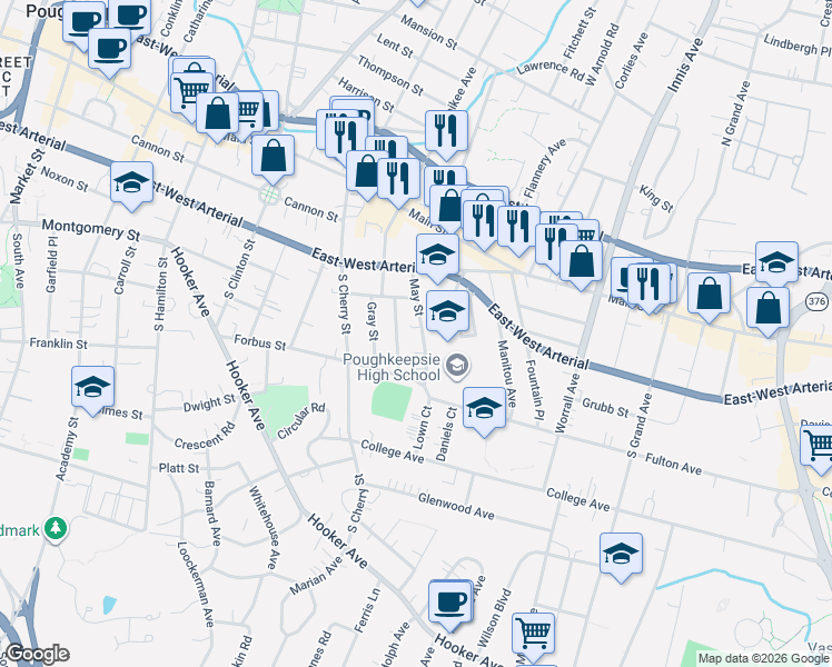 map of restaurants, bars, coffee shops, grocery stores, and more near 19 May Street in Poughkeepsie