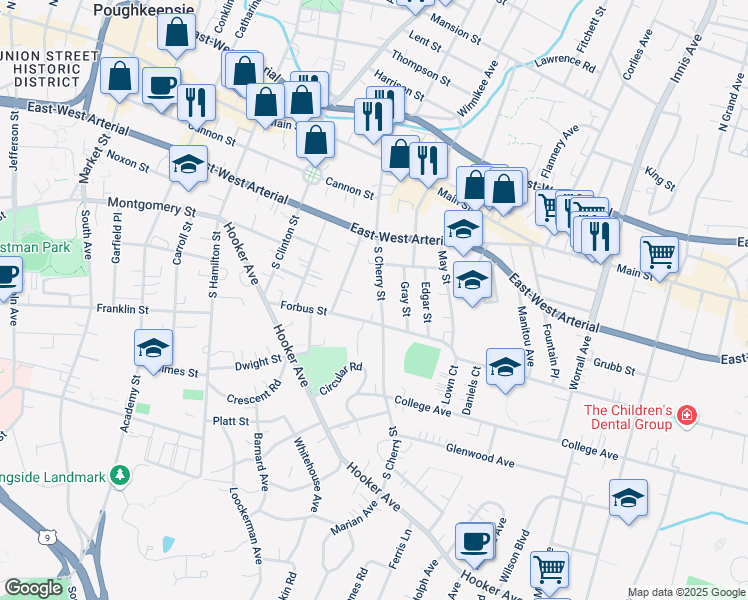 map of restaurants, bars, coffee shops, grocery stores, and more near 101 South Cherry Street in Poughkeepsie
