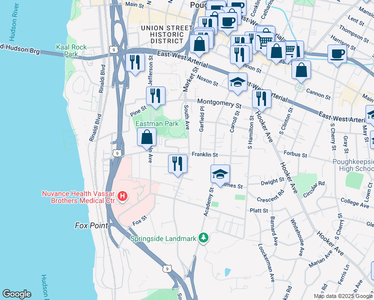 map of restaurants, bars, coffee shops, grocery stores, and more near 1 Eastman Terrace in Poughkeepsie