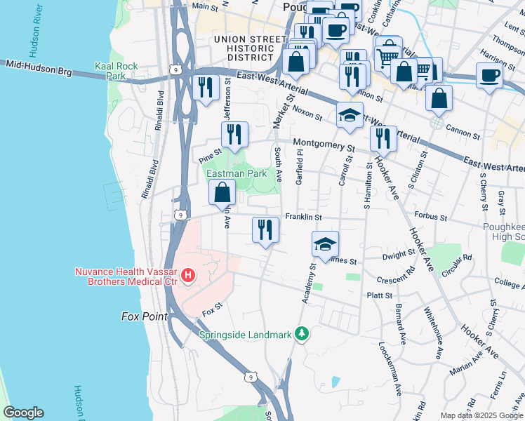 map of restaurants, bars, coffee shops, grocery stores, and more near 14 Eastman Terrace in Poughkeepsie