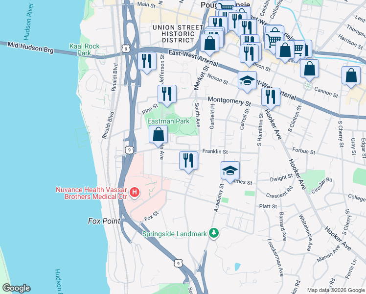 map of restaurants, bars, coffee shops, grocery stores, and more near 14 Eastman Terrace in Poughkeepsie