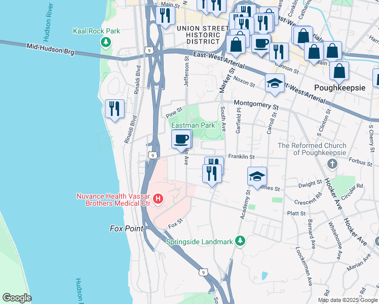map of restaurants, bars, coffee shops, grocery stores, and more near 22 Lincoln Avenue in Poughkeepsie
