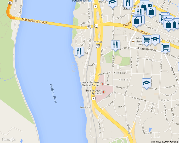 map of restaurants, bars, coffee shops, grocery stores, and more near in Poughkeepsie