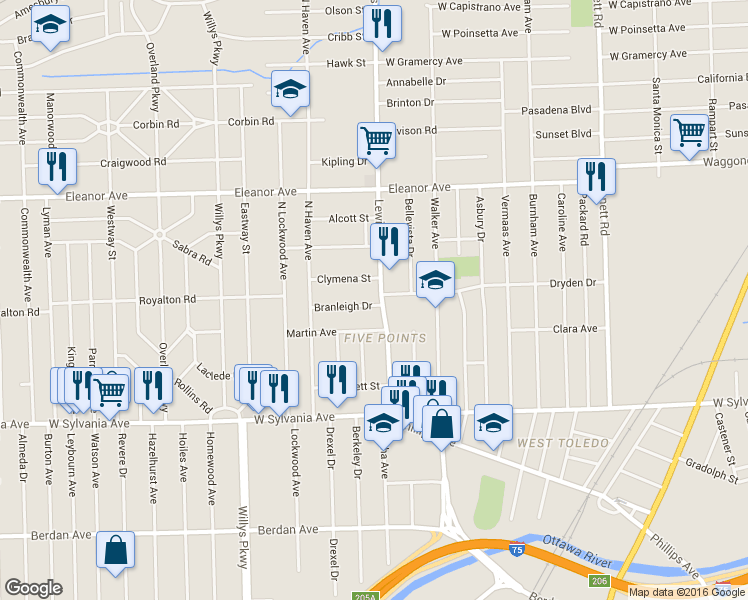 map of restaurants, bars, coffee shops, grocery stores, and more near 1018 Clymena Street in Toledo