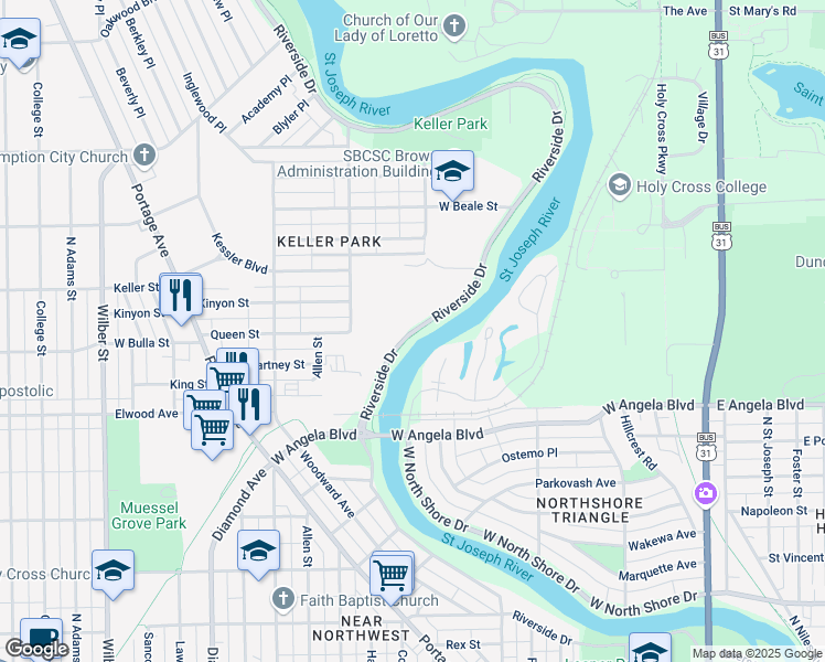 map of restaurants, bars, coffee shops, grocery stores, and more near 1661 Riverside Drive in South Bend
