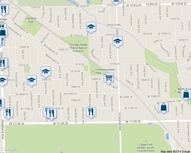 map of restaurants, bars, coffee shops, grocery stores, and more near 5754 West 107th Street in Chicago Ridge