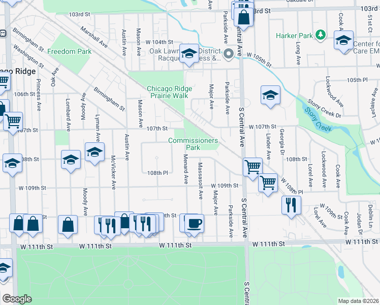 map of restaurants, bars, coffee shops, grocery stores, and more near 5754 West 107th Street in Chicago Ridge