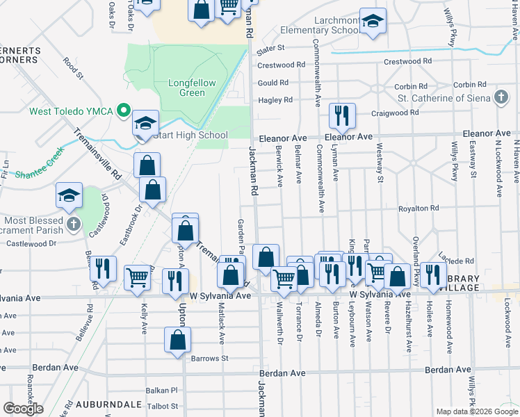 map of restaurants, bars, coffee shops, grocery stores, and more near 4230 Jackman Road in Toledo