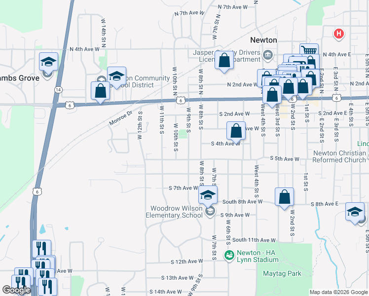 map of restaurants, bars, coffee shops, grocery stores, and more near 316 West 10th Street South in Newton