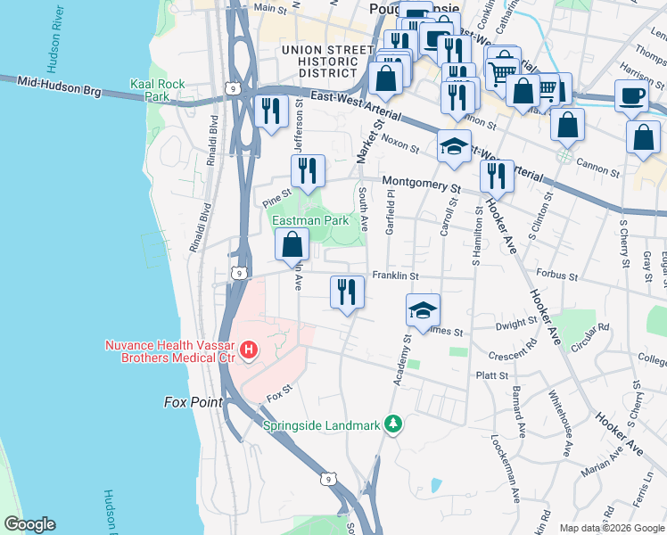 map of restaurants, bars, coffee shops, grocery stores, and more near 14 Eastman Terrace in Poughkeepsie