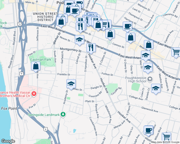 map of restaurants, bars, coffee shops, grocery stores, and more near 94 South Hamilton Street in Poughkeepsie