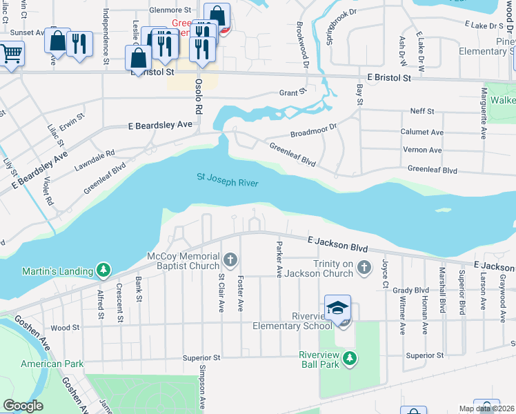 map of restaurants, bars, coffee shops, grocery stores, and more near 6 Clarendon Dr in Elkhart
