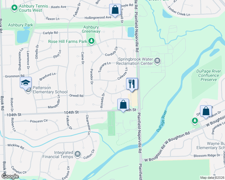 map of restaurants, bars, coffee shops, grocery stores, and more near 3827 Capri Court in Naperville
