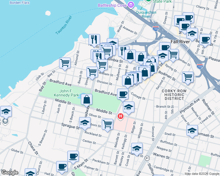 map of restaurants, bars, coffee shops, grocery stores, and more near 424 Division Street in Fall River