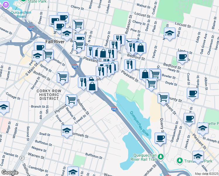 map of restaurants, bars, coffee shops, grocery stores, and more near 92 Wordell Street in Fall River