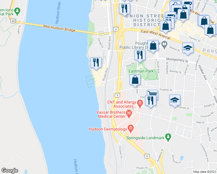 map of restaurants, bars, coffee shops, grocery stores, and more near 215 Riverview Drive in Poughkeepsie