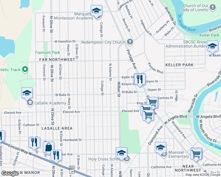 map of restaurants, bars, coffee shops, grocery stores, and more near 1621 North Adams Street in South Bend