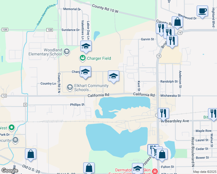 map of restaurants, bars, coffee shops, grocery stores, and more near 2424 California Road in Elkhart