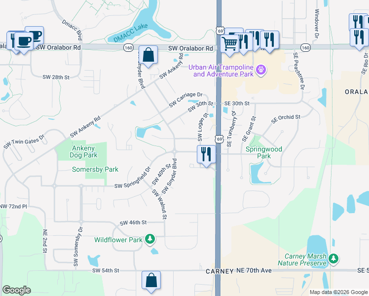 map of restaurants, bars, coffee shops, grocery stores, and more near 304 Southwest 32nd Street in Ankeny