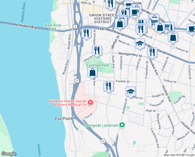 map of restaurants, bars, coffee shops, grocery stores, and more near 22 Lincoln Avenue in Poughkeepsie