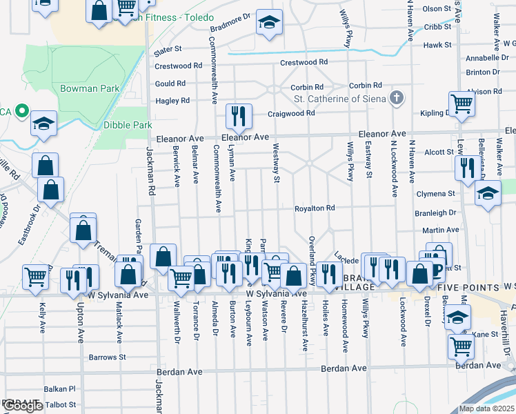 map of restaurants, bars, coffee shops, grocery stores, and more near 4303 Parrakeet Avenue in Toledo