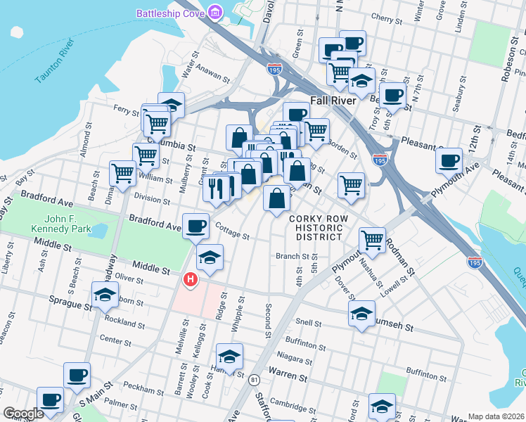 map of restaurants, bars, coffee shops, grocery stores, and more near 21 Ridge Street in Fall River