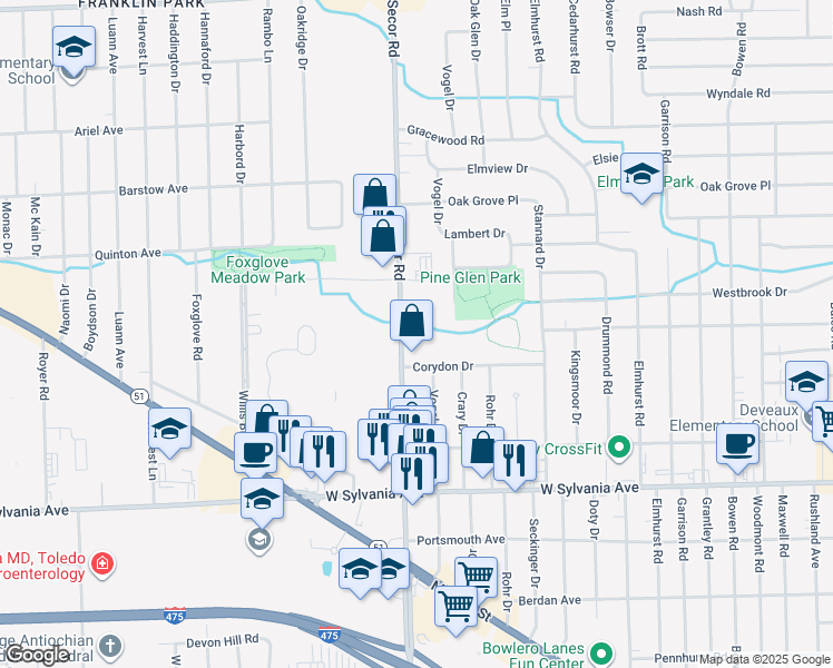 map of restaurants, bars, coffee shops, grocery stores, and more near 4256 Secor Road in Toledo