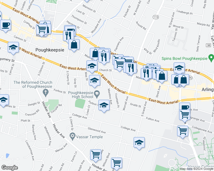 map of restaurants, bars, coffee shops, grocery stores, and more near 26 Manitou Avenue in Poughkeepsie