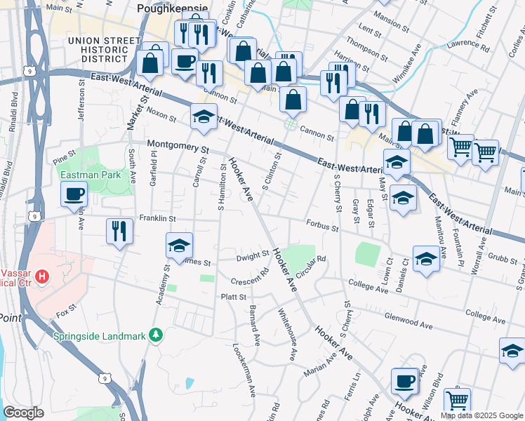 map of restaurants, bars, coffee shops, grocery stores, and more near 65 South Clinton Street in Poughkeepsie