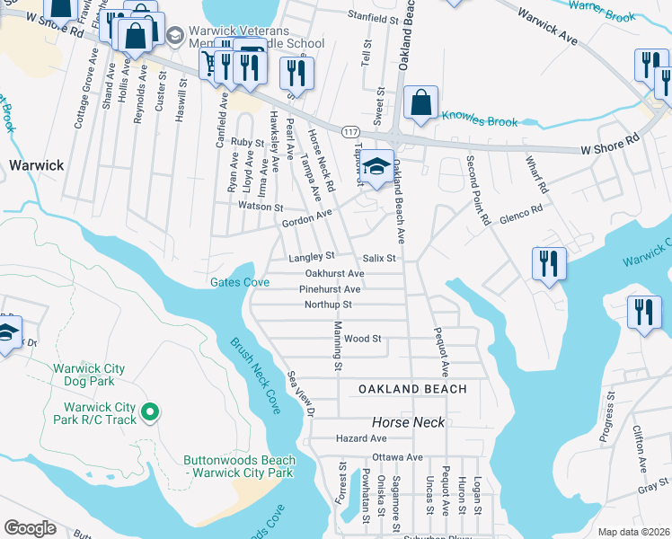 map of restaurants, bars, coffee shops, grocery stores, and more near 3 Langley Street in Warwick
