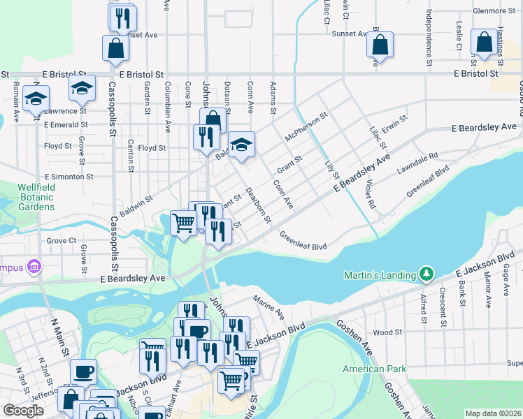 map of restaurants, bars, coffee shops, grocery stores, and more near 1000 Erwin Street in Elkhart