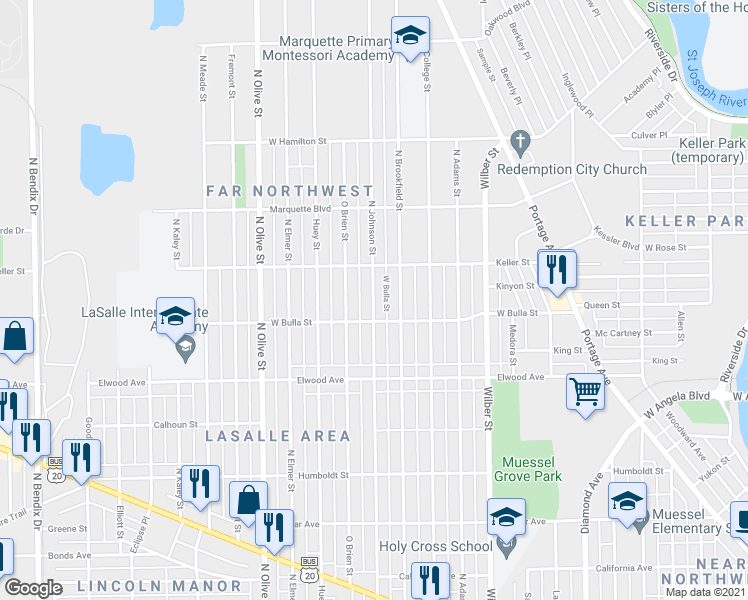 map of restaurants, bars, coffee shops, grocery stores, and more near 1638 Johnson Street in South Bend