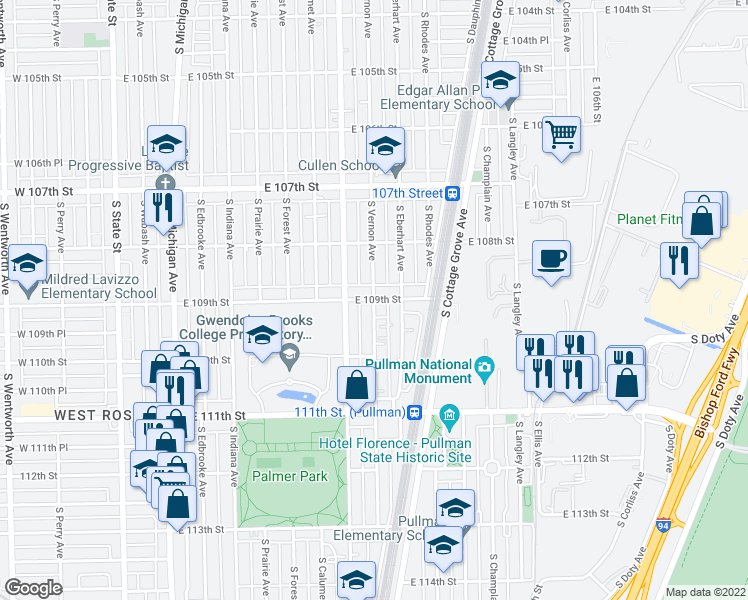 map of restaurants, bars, coffee shops, grocery stores, and more near S Vernon Ave & E 109th St in Chicago
